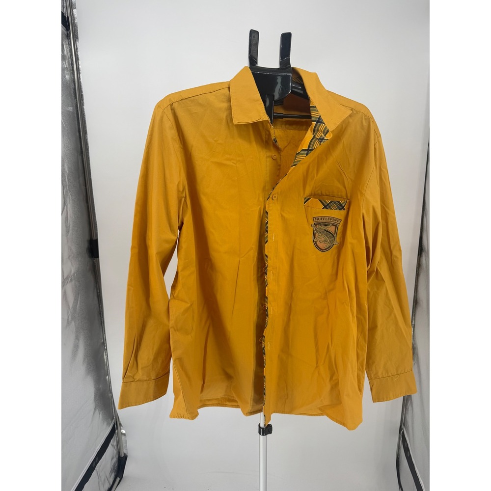 Harry Potter Hufflepuff Shirt Mens XL Yellow Excellent Plaid Trim Button Down